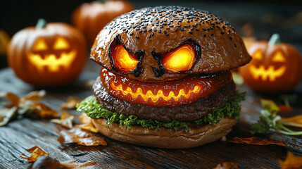 A spooky Halloween burger with glowing eyes, decorated with bats and pumpkins, perfect for festive culinary promotions, Ai