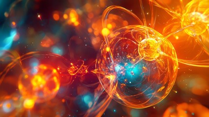Exploring the Dynamic Fission Process in 3D Render with Colorful Energy Bursts and Atomic Interactions