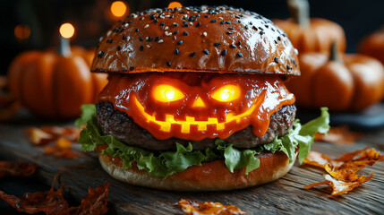 A spooky Halloween burger with glowing eyes, decorated with bats and pumpkins, perfect for festive culinary promotions, Ai