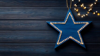 Naklejka premium Blue Star Decoration with Lights on Wooden Background