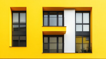 Fototapeta premium Yellow facade with large windows, minimalistic architecture,