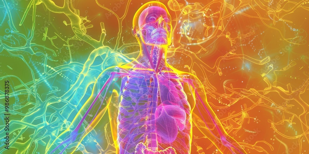 Poster colorful pet scan image with detailed heatmaps representing areas of activity in the body, ideal for