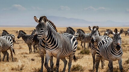 Fototapeta na wymiar A herd of zebras crossing a wide, open plain, with a few looking directly at the camera, their striking black and white stripes standing out against the vast landscape 