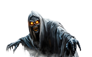 Halloween creepy ghost grim reaper isolated on white transparent background for graveyard night view spooky, halloween party decoration and horror concept. Png file
