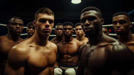 photo of multiple boxers standing together in the boxing ring, diverse group of serious young male athletes, intense expressions under dim dramatic lighting, team of fighters preparing for a match, mu