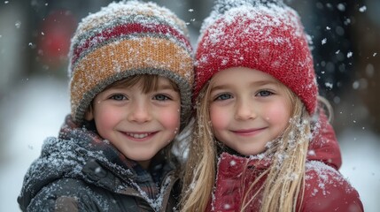 Two happy children lying down and enjoying winter snow day