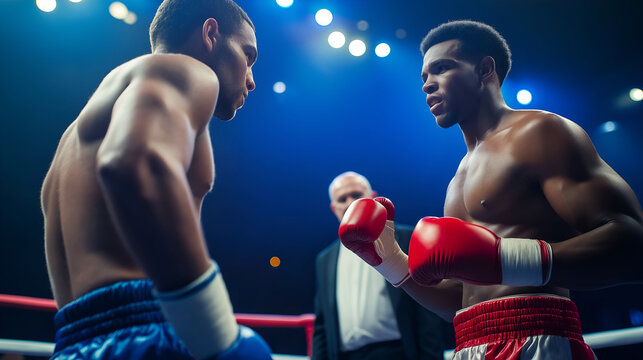 photo of two male boxers facing each other in the ring, intense stare down before the match, focused expressions under dramatic lighting, referee in the background, competitive boxing match, athletic