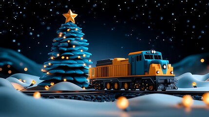 Festive Train by Christmas Tree at Night