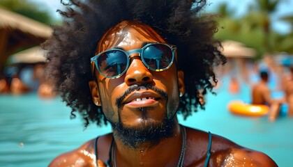 Joyful African American man in sunglasses enjoying a carefree day at a vibrant water park during vacation