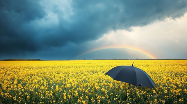 A solitary parasol amidst a rapeseed field in bloom, and an impending thunderstorm with a double rainbow in the distance.