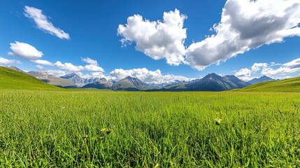 Fototapeta premium Expansive Green Meadow Under Blue Sky with Clouds