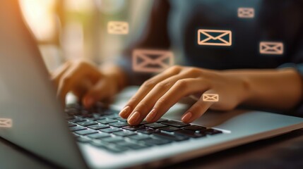 Businesswoman working on laptop in office, typing, email notifications for communication, data analysis, planning schedules.