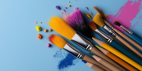 Obraz premium Various paintbrushes with vibrant paint splashes arranged on a blue background, showcasing creativity and art tools.