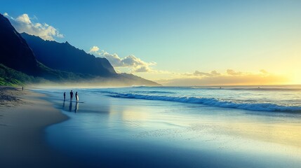 Early morning surfers waiting for waves on a calm Hawaiian beach