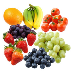 A vibrant and colorful display of fresh fruits, including strawberries, blueberries, grapes, oranges, bananas, and tomatoes, isolated on transparent background