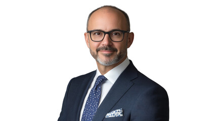 A man in a suit and tie with glasses is smiling for the camera. isolated on transparent background, PNG file