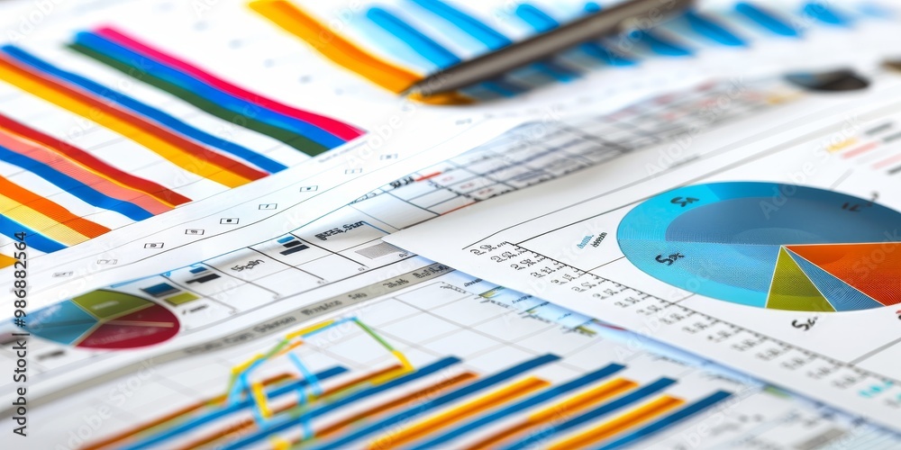 Poster an organized financial workspace with portfolio analysis documents, including line graphs, pie chart