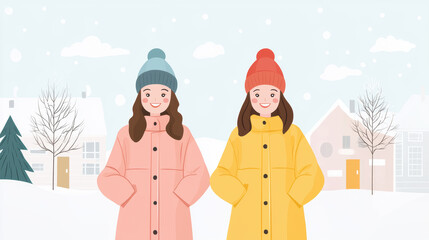 Warm winter fashion outfits are showcased by two cheerful women in colorful coats, standing in snowy landscape. Their matching styles bring sense of joy and togetherness