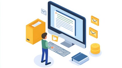 Computer user managing an email message and communication with a client mail list.