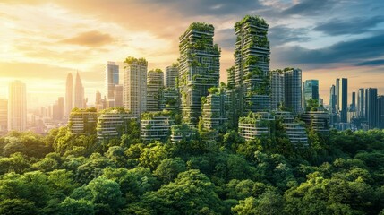Obraz premium Green city with modern architecture blending into the landscape,