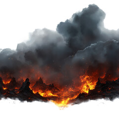 Ash clouds and glowing magma illuminate the lands isolated on a transparent background