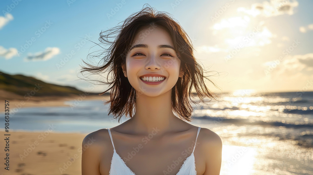 Poster A charming Japanese young woman in a white dress beams with joy, embracing the serene beauty of the beach.