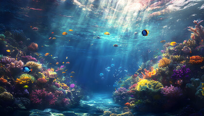 A dreamy underwater scene with schools of colorful fish, corals, and rays of sunlight penetrating through the water’s surface