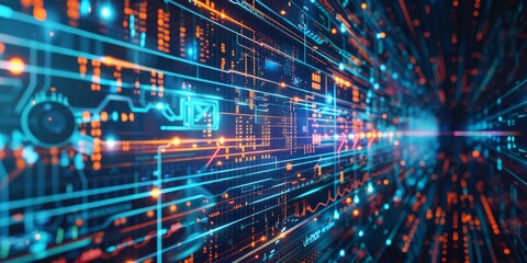 Obraz premium Futuristic visualization of cybersecurity frameworks and regulations, with interconnected digital elements and compliance charts, highlighting robust standards and data protection