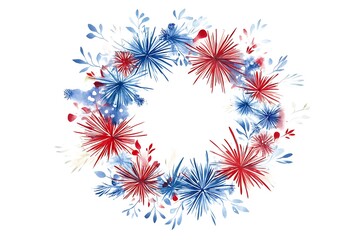 Watercolor wreath with round and fireworks. Traditional colors of 4th of July, Independence Day, USA national holiday. Hand drawn watercolor illustration isolated on white background