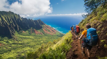 Fototapeta premium Hikers ascending a steep trail on Hawaii Island with panoramic views
