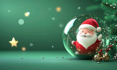 Fototapeta premium 3d Christmas glass ball greeting background with Santa. 3D cartoon, a cute Santa Claus in a glass ball on a green background with copy space. Christmas tree branch and stars