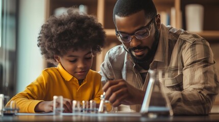 African American Father and Son Conducting a Chemistry Experiment with Test Tubes in the Laboratory: A Fun Science Analysis for Kids at School, Promoting Learning and Curiosity Together