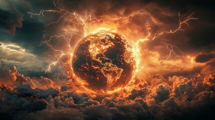 Global Boiling - Apocalyptic 3D Visualization of Globe Surrounded by Dark Clouds and Lightning, Symbolizing Extreme Weather