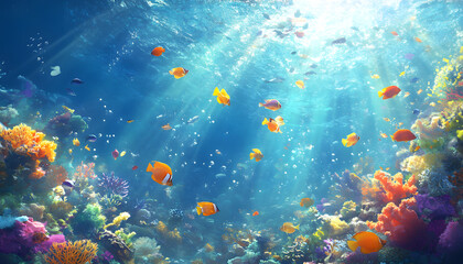 A dreamy underwater scene with schools of colorful fish, corals, and rays of sunlight penetrating through the water’s surface