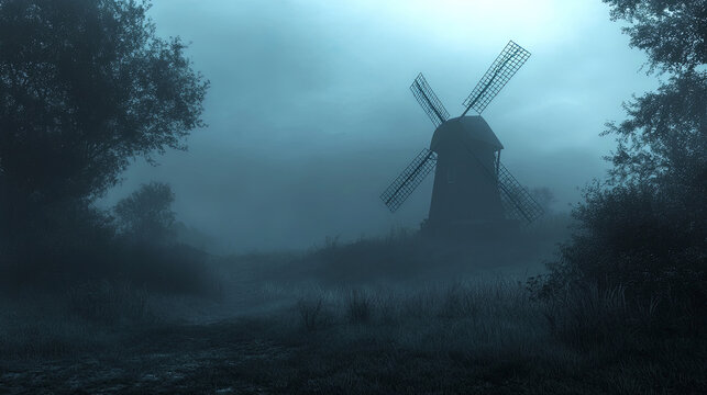 sinister windmill stands on foggy hilltop, surrounded by eerie mist and dark foliage, creating haunting atmosphere. scene evokes sense of mystery and unease