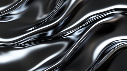 A sleek and modern abstract background featuring black and silver metallic waves. The high contrast and shiny texture make it perfect for showcasing luxury products
