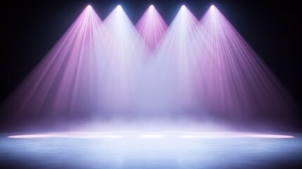 Vibrant Stage Illumination for Modern Dance, showcasing a spotlight on an empty stage with artistic lighting elements, enhanced by fog creating depth in the atmosphere.