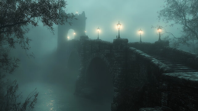 mysterious ancient stone bridge shrouded in mist, illuminated by glowing lanterns, creates enchanting atmosphere. serene water reflects ethereal light, enhancing scenes allure