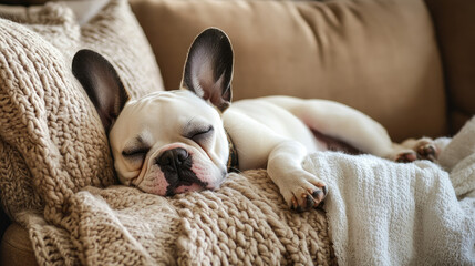 A sleepy French Bulldog puppy resting on a couch, snuggling into a pile of pillows. The scene captures a peaceful moment in a cozy home setting with soft natural light.
