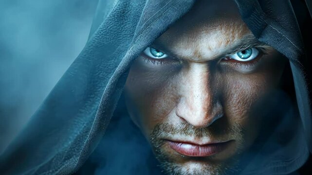 Sinister hooded man with intense eyes and smoky background.