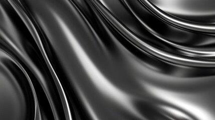 A sleek and modern abstract background featuring black and silver metallic waves. The high contrast and shiny texture make it perfect for showcasing luxury products