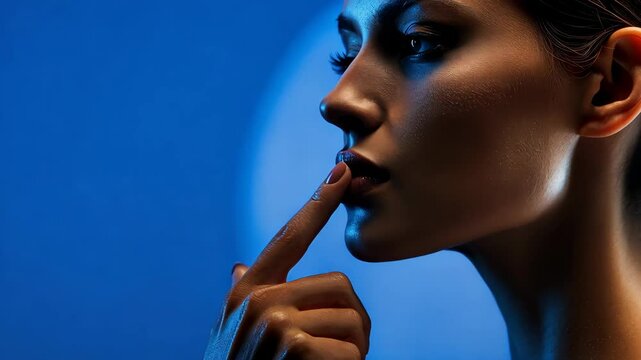Mysterious silhouette of a woman with finger on lips on white background.