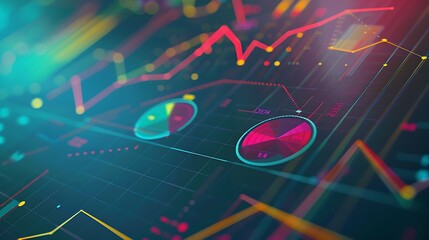 Abstract neon colored data visualization with graphs and charts representing data analysis and growth.