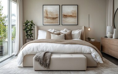 Cozy modern bedroom with neutral tones and natural light