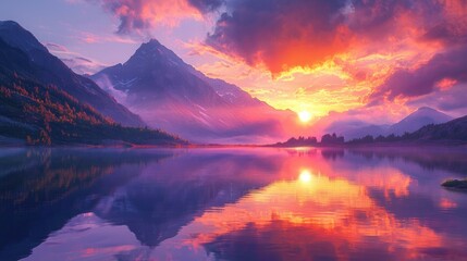 Majestic sunset over tranquil mountain lake
