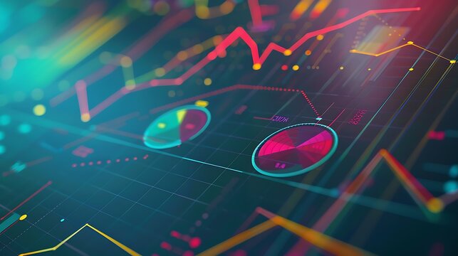 Abstract neon colored data visualization with graphs and charts representing data analysis and growth.