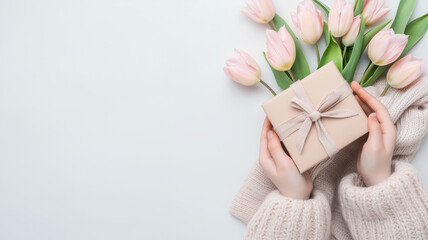 A cozy moment featuring hands holding a gift box with fresh tulips, perfect for spring celebrations and thoughtful gestures.