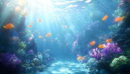 Obraz premium A dreamy underwater scene with schools of colorful fish, corals, and rays of sunlight penetrating through the water’s surface