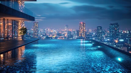 Naklejka premium Serene infinity pool overlooking a vibrant city skyline at night