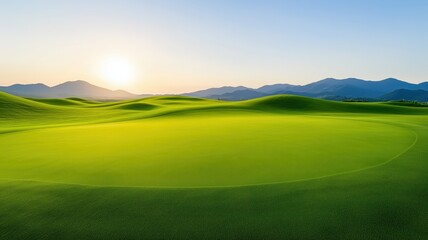Fototapeta premium A serene golf course landscape at sunrise, featuring rolling green hills and a clear blue sky, perfect for nature enthusiasts.